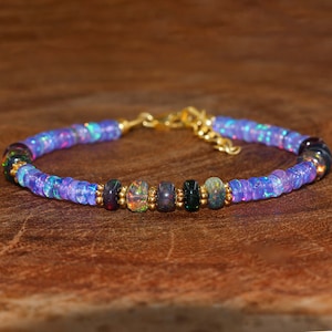 Lavender and black fire Ethiopian opal beaded bracelet for women, fire opal jewelry, Gold bracelet, 925 Sterling silver bracelet for her