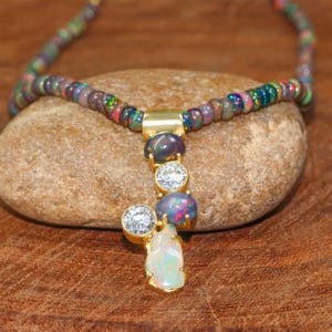 Vintage Black Opal Gemstone Charm Necklace, Ethiopian Fire Opal Beads Necklace, Genuine Opal Charm Pendant Necklace, Gift for Mom Jewelry