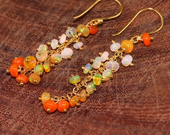 Boucles d'oreilles en grappe d'opale ombrée de feu orange naturel, boucles d'oreilles pour femmes, boucles d'oreilles vintage opale de feu, boucles d'oreilles minimalistes, bijoux opale de feu