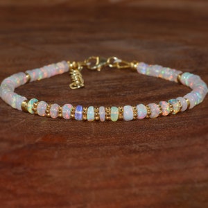 Pulseira feminina com contas de opala branca natural, joia de opala pedra do mês de outubro, joia de opala etíope AAA, joia de opala natural.
