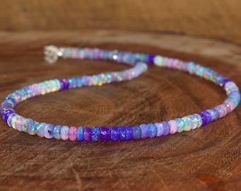 Natural lavender shaded fire opal faceted beaded necklace, October birthstone, AAA Ethiopian opal necklace, Minimalist necklace-gift for her
