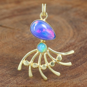 Natural Fire Lavender Opal Stone Pendant, Genuine Ethiopian Opal Gemstone Pendant, AAA Opal Pear Shape Gold Pendant, October Birthstone