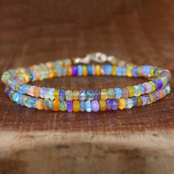 Natural multi color fire faceted opal beaded necklace for women, 925 Sterling silver necklace, Gold necklace, AAA Ethiopian opal necklace