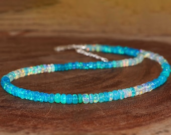 Paraiba fire shaded opal beaded necklace for women, natural opal necklace, October birthstone, 925 Sterling silver, Minimalist necklace