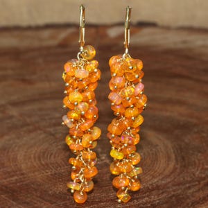 Fire Orange Opal Beads Long Drop Earring, Ethiopian Opal Beaded Cluster Earring, Natural Multifire Opal Handmade Jewelry, Gift for Her