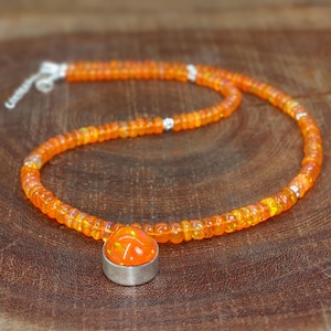 Orange Opal Gemstone Silver Charm Necklace, Fire Orange Opal Beaded Silver Necklace, October Birthstone Jewelry, Handmade Necklace Gift