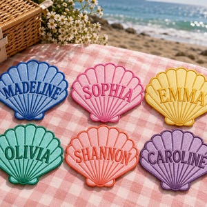 Patch nominatif coquillage personnalisé, accessoire de sac côtier brodé personnalisé en fer sur coquillage