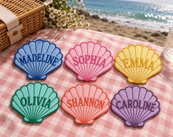 Personalized Seashell Name Patch, Custom Embroidered Shell Iron On Coastal Bag Accessory