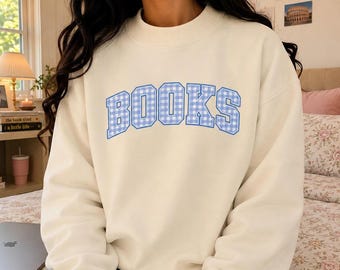 Oversized Mock Neck Sweatshirt, Blue Gingham Books Graphic, Cozy Reader Pullover