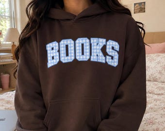 Oversized Book Lover Hoodie, Blue Gingham Varsity Style, Cozy Reading Gift