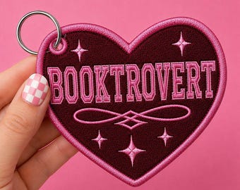 Embroidered Booktrovert Heart Bag Charm Keychain Tag, Burgundy Pink Stars, Reader Gift