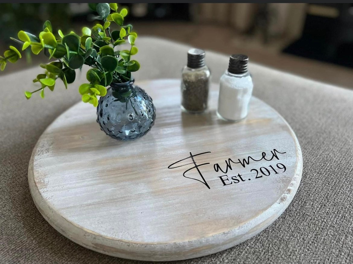 Last Name | Est Date | Board | Serving Tray | Lazy Susan | Personalized | Farmhouse | Round | Turntable | White Distressed