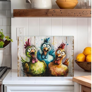 Three Crazy Chickens | Funny Farmhouse Glass Cutting Board