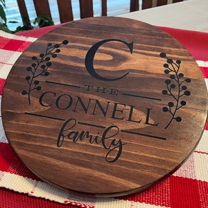 Last Name Floral | Board | Serving Tray | Lazy Susan | Personalized | Farmhouse | Round | Turntable | Dark Walnut | SVG