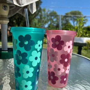 Sparkly Flower Tumbler in Blue or Pink