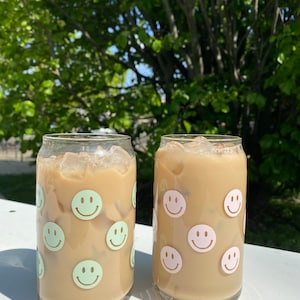 Sage Green Smiley Face Iced Coffee Glass Cup