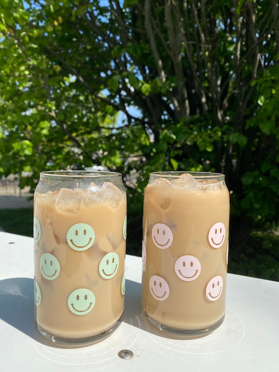 Sage Green Smiley Face Iced Coffee Glass Cup