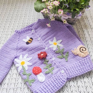 Handmade girls cardigan | Enchanted Garden | Flowery children jumper | One of a kind custom cardigan | Hand crocheted