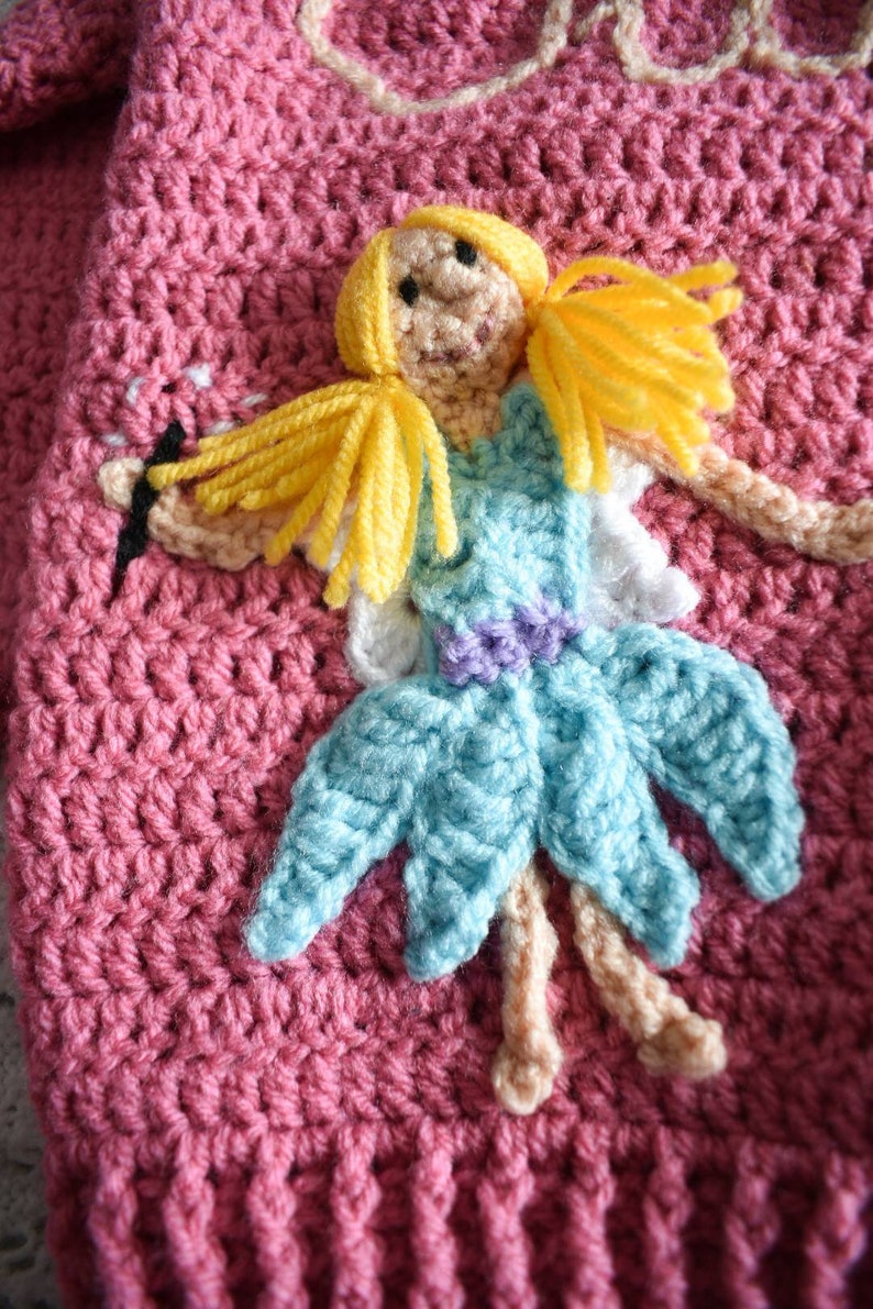 Fairy garden cardigan with mushroom house and flowers Hand crocheted cardigans for kids Handmade child cardigan Fairies Mushroom image 7