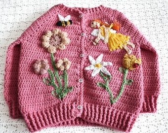 Fairy garden cardigan with mushroom house and flowers | Hand crocheted cardigans for kids | Handmade child cardigan | Fairies| Mushroom