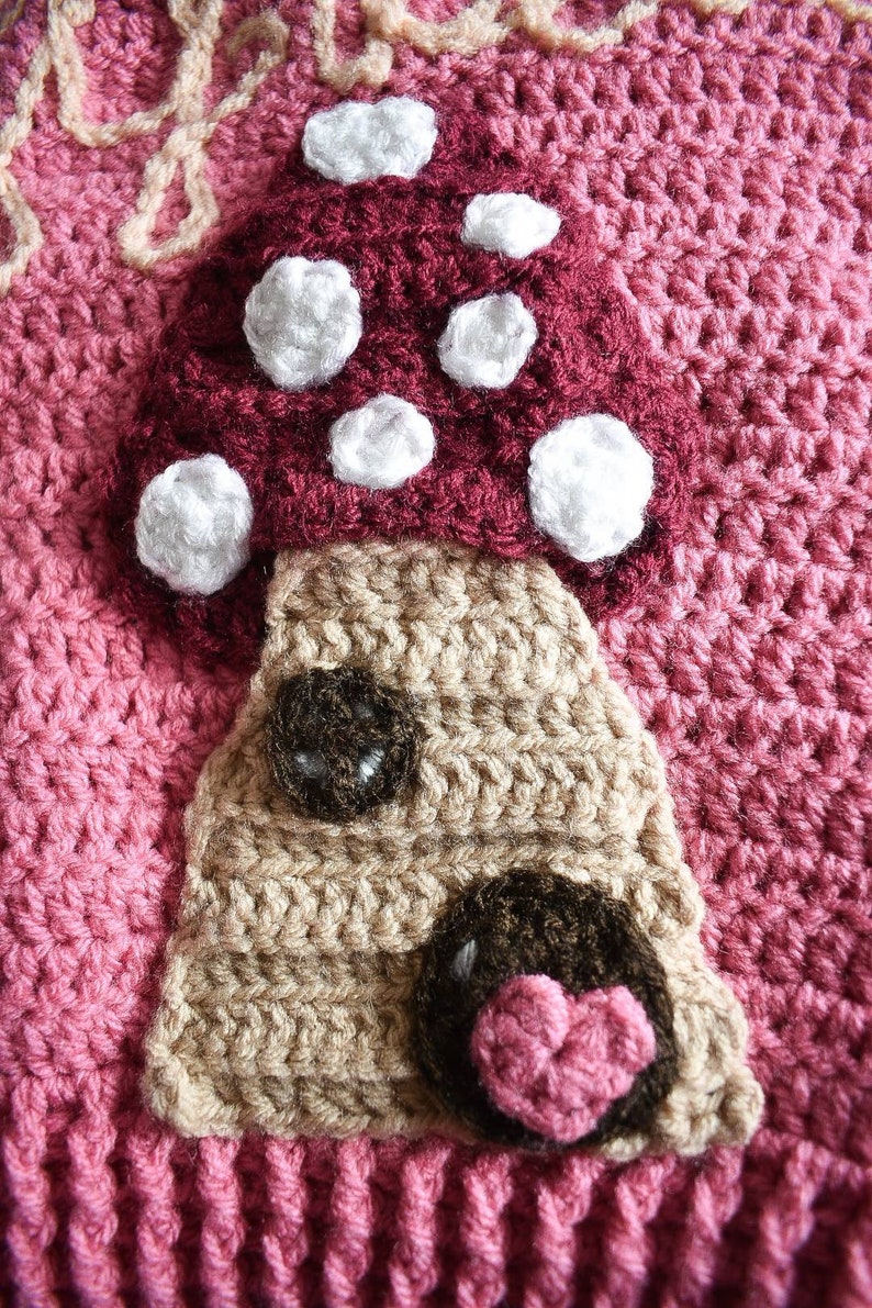 Fairy garden cardigan with mushroom house and flowers Hand crocheted cardigans for kids Handmade child cardigan Fairies Mushroom image 2