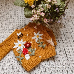 Enchanted garden kids cardigan | Children's cardigan | mustard children's clothing | Crochet cardigan | Flowers mushroom snail bee daisy