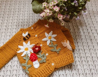 Enchanted garden kids cardigan | Children's cardigan | mustard children's clothing | Crochet cardigan | Flowers mushroom snail bee daisy