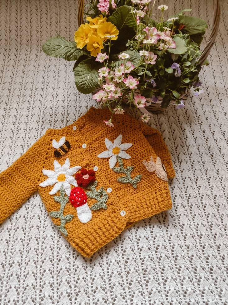 Enchanted garden kids cardigan Children's cardigan mustard children's clothing Crochet cardigan Flowers mushroom snail bee daisy