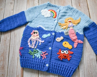 Mermaid under-the-sea cardigan with fishes, coral, octopus, turtle and crab | Hand crocheted cardigans for kids | Handmade child cardigan |