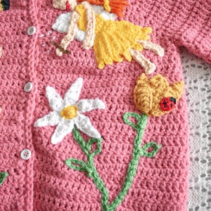 Fairy garden cardigan with mushroom house and flowers Hand crocheted cardigans for kids Handmade child cardigan Fairies Mushroom image 6