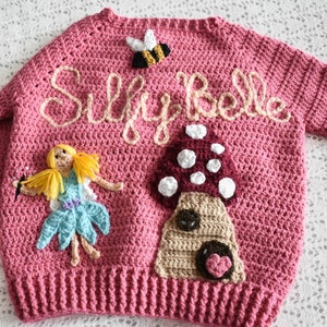 Fairy garden cardigan with mushroom house and flowers Hand crocheted cardigans for kids Handmade child cardigan Fairies Mushroom image 3