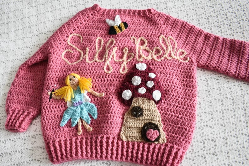 Fairy garden cardigan with mushroom house and flowers Hand crocheted cardigans for kids Handmade child cardigan Fairies Mushroom image 3