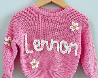 Hand Embroidered Name Sweater| personalized knitwear for kids| Hand stitched knit | Pink Girls Sweater| flower girl