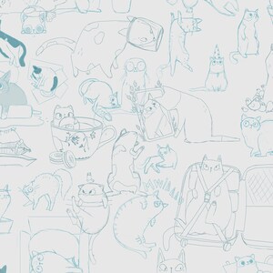 May include: A light blue and white illustration of a repeating pattern of cats in various poses. The cats are drawn in a simple, cartoon style and are surrounded by various objects, such as plants, cups, and suitcases.