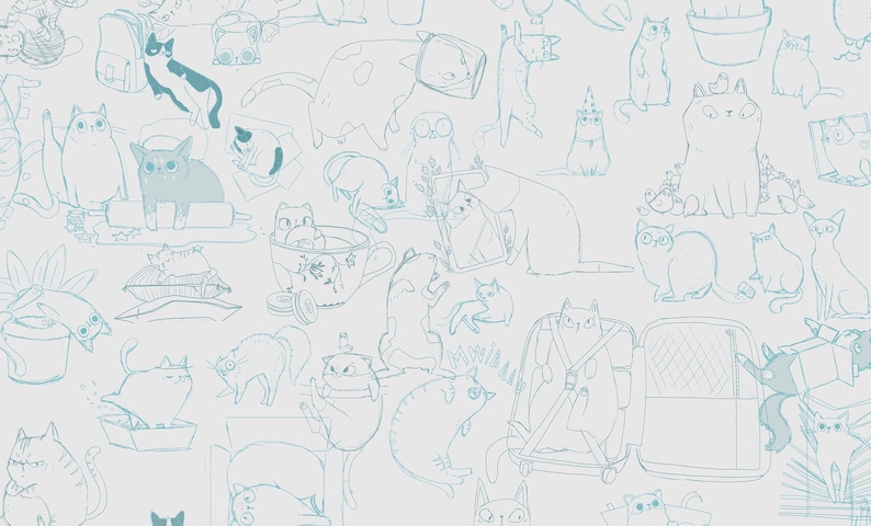 May include: A light blue and white illustration of a repeating pattern of cats in various poses. The cats are drawn in a simple, cartoon style and are surrounded by various objects, such as plants, cups, and suitcases.