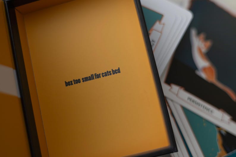 May include: A yellow box with the text "box too small for cats bed" printed on the front.