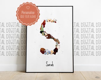 May include: A white printable poster with a colorful illustration of the letter "S" made up of images from the Harry Potter series. The name "Sarah" is printed below the letter.