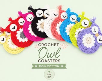 Crochet Owl Coaster | Colorful Cotton Mug Rug | Owl Lover Gift