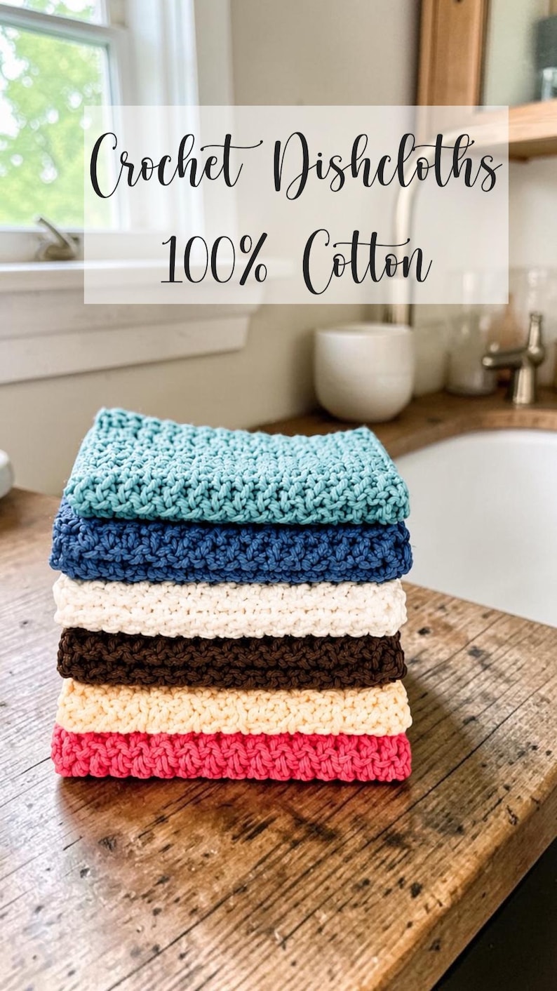 May include: A stack of six square crochet dishcloths made of 100% cotton in teal, blue, white, brown, cream, and pink. The text "Crochet Dishcloths 100% Cotton" is overlaid on the image. Each cloth features a textured, woven stitch pattern.