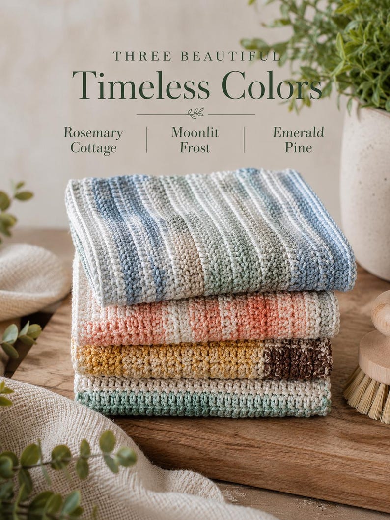 May include: A stack of four rectangular crocheted cloths with textured horizontal stripes. The top cloth features blue and white tones, the second has peach and white, the third is yellow and brown, and the bottom is green and white. Text reads: THREE BEAUTIFUL Timeless Colors Rosemary Cottage | Moonlit Frost | Emerald Pine.