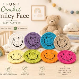 Emoji Coaster Crochet Pattern | Happy Smiley Face Coaster | Instant PDF Download