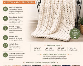 Hand Knit Chunky Blanket Throw | Handmade Crochet | Custom Sizes & Colors | Housewarming Gift