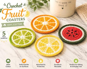 Crochet Fruit Slice Coasters | Citrus Drink Coasters | Fun Summer Kitchen Decor