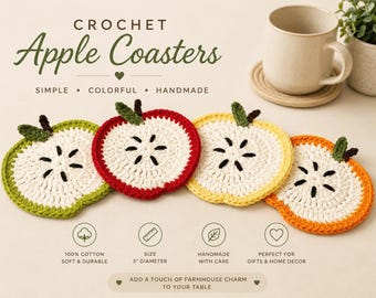 Crochet Apple Coasters | Handmade Cotton Coasters | Farmhouse Kitchen Decor Gift