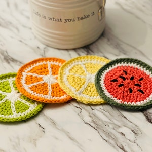 Crocheted Fruity Coaster Set / Watermelon / Lemon / Orange / Lime / 100% Cotton Crochet Coaster Set / Handmade Gift