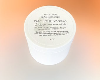 Homemade Patchouli Vanilla Cream, Hand & Body Vitamin E Cream with Essential Oils, Gift for Her