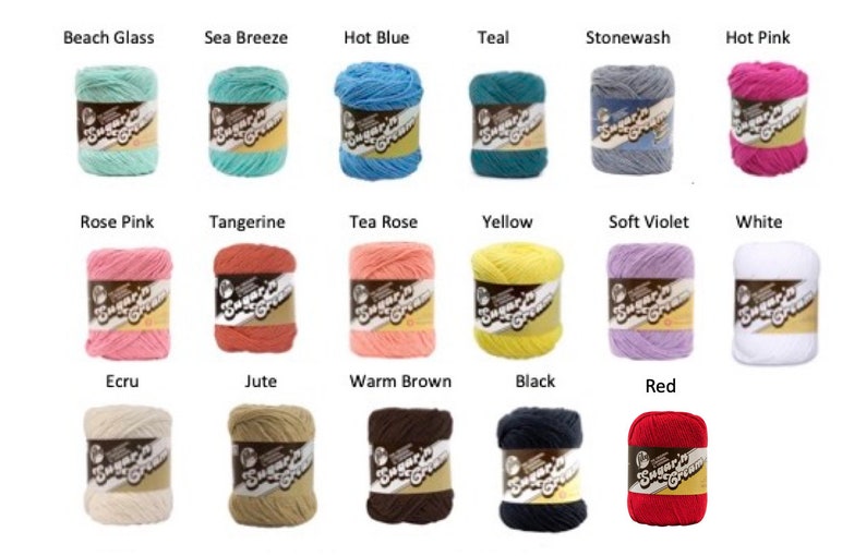 May include: A collection of seventeen Sugar'n Cream yarn skeins in various colors including Beach Glass, Sea Breeze, Hot Blue, Teal, Stonewash, Hot Pink, Rose Pink, Tangerine, Tea Rose, Yellow, Soft Violet, White, Ecru, Jute, Warm Brown, Black, and Red.