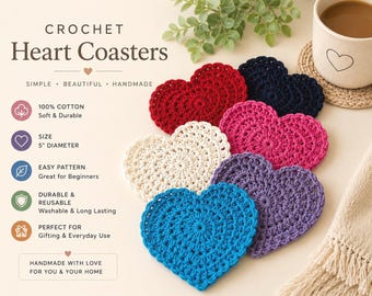 Crochet Heart Coasters | 100% Cotton Mug Rugs | Handmade Valentine Gift | Reusable Drink Coasters