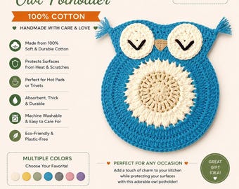 Crochet Owl Potholder | Handmade Cotton Hot Pad | Owl Kitchen Decor | Farmhouse Gift
