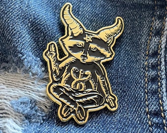 Eat Trash Hail Satan | Gold Enamel Pin | Funny Dark Humor Pin | Raccoon Baphomet Pin